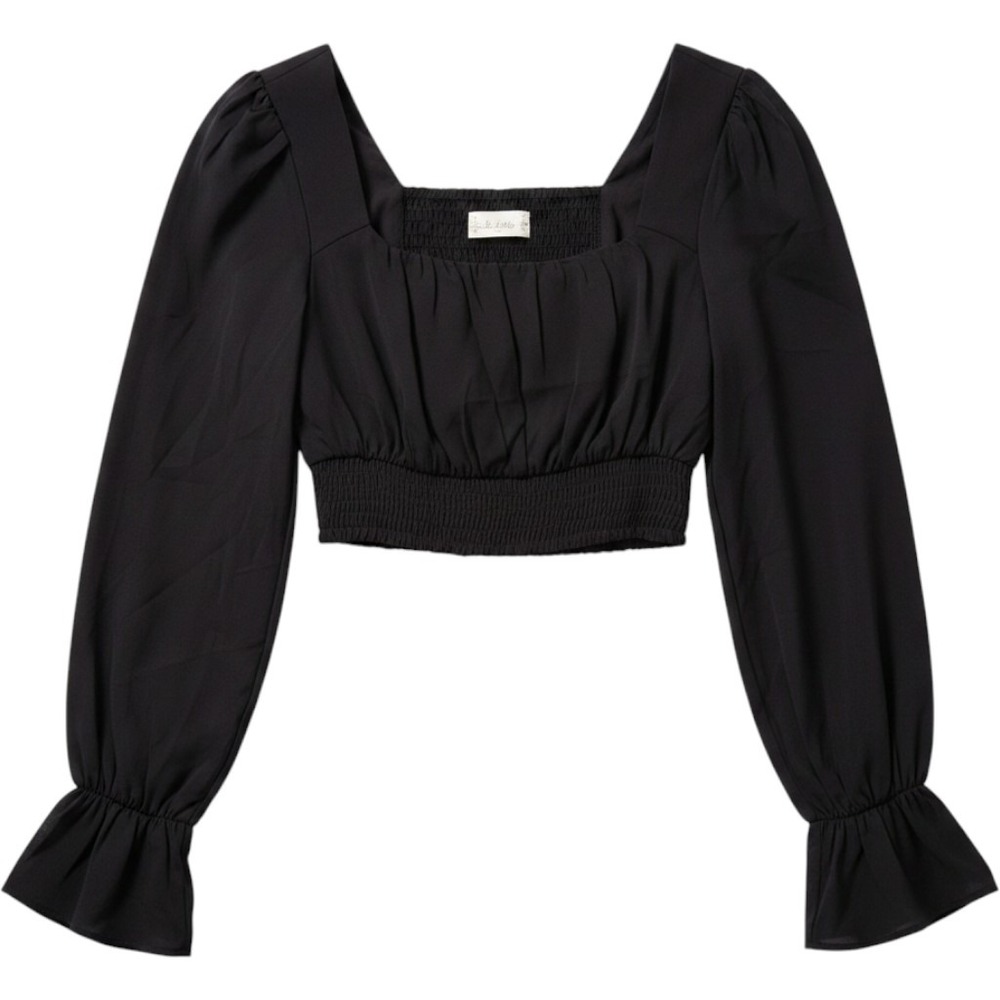 Altar'd State Black Smocked Crop Top Square Neck Ruffle Cuff MT3249-LALT XS